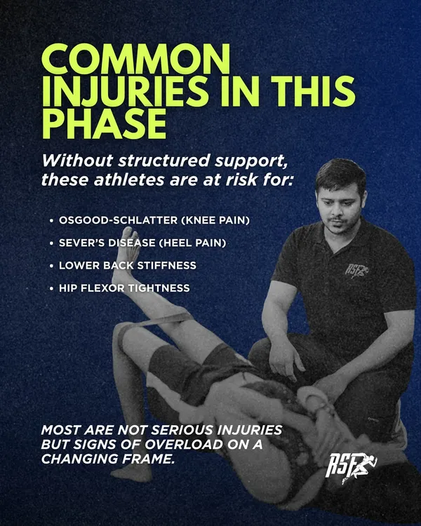 During growth spurts, young athletes are at higher risk for overload injuries like Osgood-Schlatter and Sever's disease. Our youth program is designed to manage this phase safely.