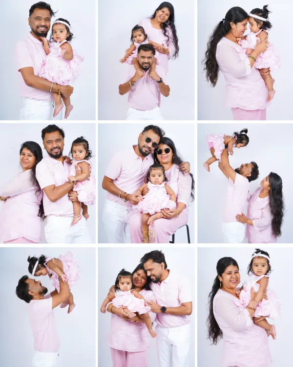 A collage of a family photoshoot, showing the variety of poses and loving interactions we can capture, all coordinated in pink.
