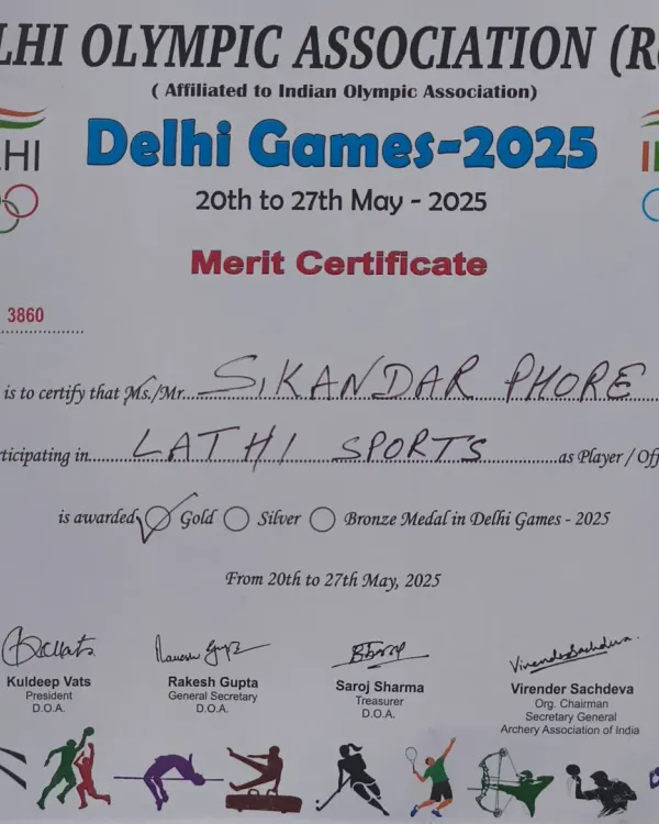 This is the proof of my dedication to Lathi Sports. A Gold Medal from the Delhi Games 2025, earned through discipline and hard work.