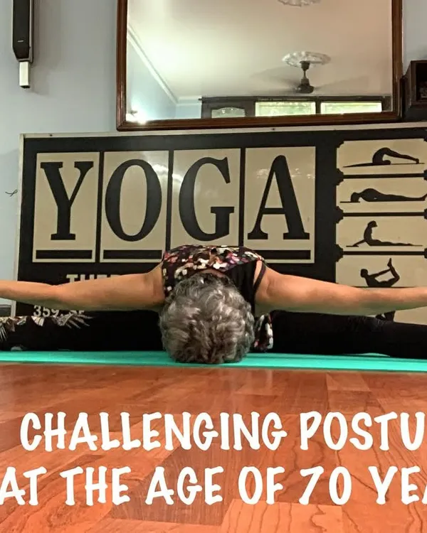 This is what decades of dedicated practice looks like. At 70, I find joy and freedom in challenging postures like this full forward-bending split, proving that age is truly just a number when it comes to yoga.