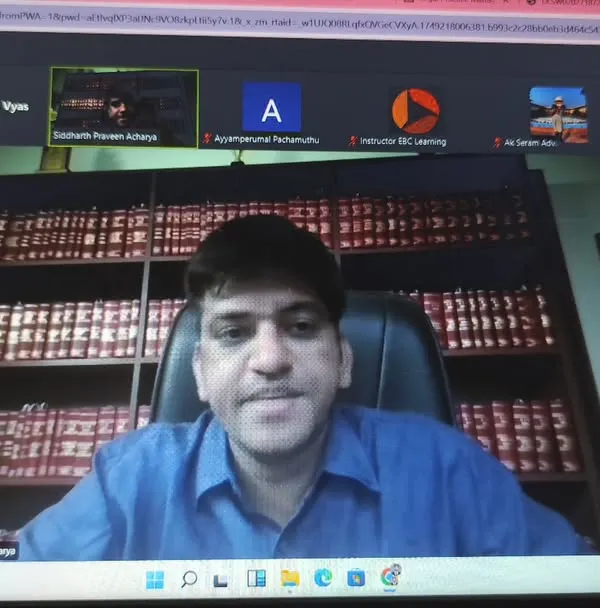 Delivering a virtual lecture on "Drafting & Landmark Judgements" for aspiring Advocate-on-Record (AOR) candidates, organized by EBC Learning.