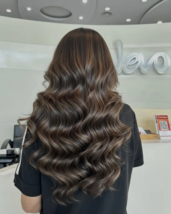 This is my mushroom brown magic. It's the perfect balance of cool ash and natural brown tones, creating a sophisticated color with lots of depth and styled here with soft waves.