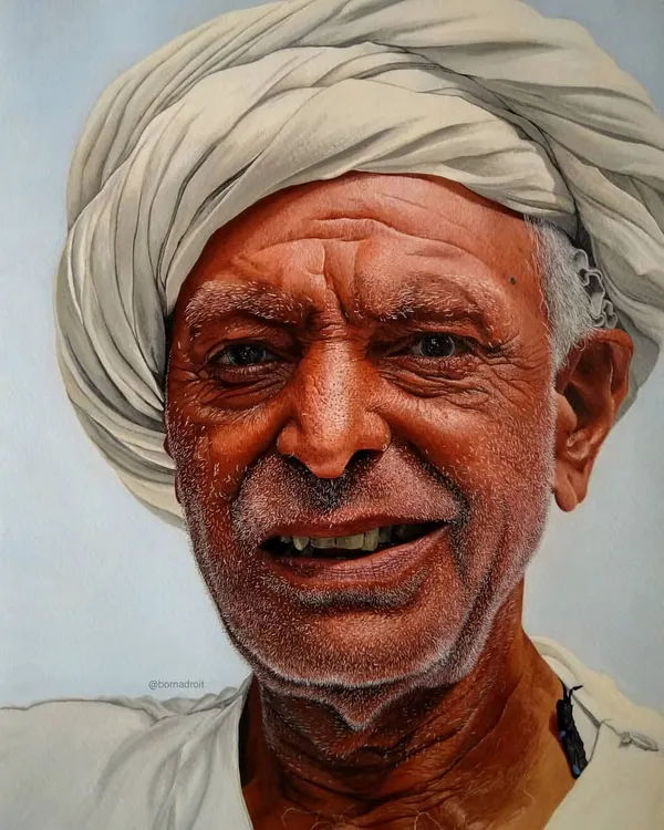 This is a detailed acrylic portrait titled 'Man In A Turban'. It took around 80 hours to complete on cold-pressed Brustro watercolour paper, focusing on the skin texture and the fabric folds of the turban.