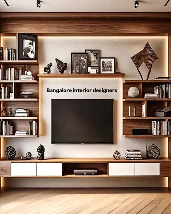 We designed this living room to be both a stylish entertainment hub and a cozy family space. The custom TV unit combines rich wood tones with clean white cabinetry, featuring integrated shelving for books and decor, all highlighted by warm, ambient backlighting.