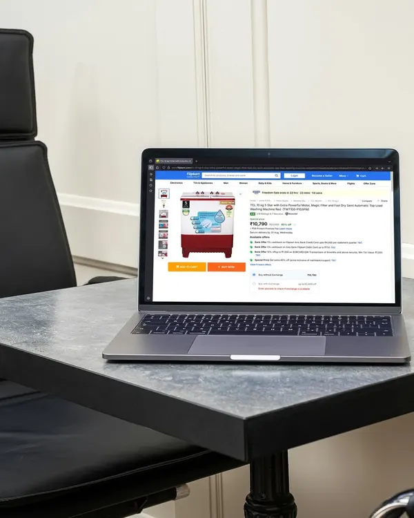 A laptop displaying a product listing for a TCL appliance on Flipkart, demonstrating our experience in creating marketplace-compliant imagery.
