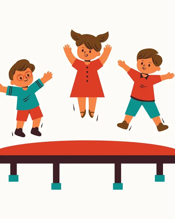 An illustration representing the fun of bouncing on a trampoline, one of the many activities we offer for active play.