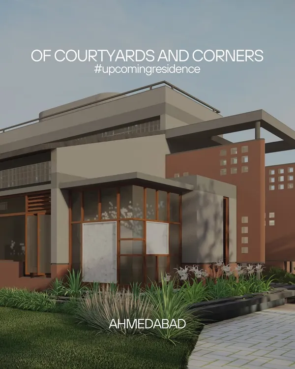 **Of Courtyards and Corners, Ahmedabad:** An architectural rendering of an upcoming residence. The design breaks away from a simple box, using intersecting volumes, courtyards, and interactive openings to weave stories and bring in natural light.