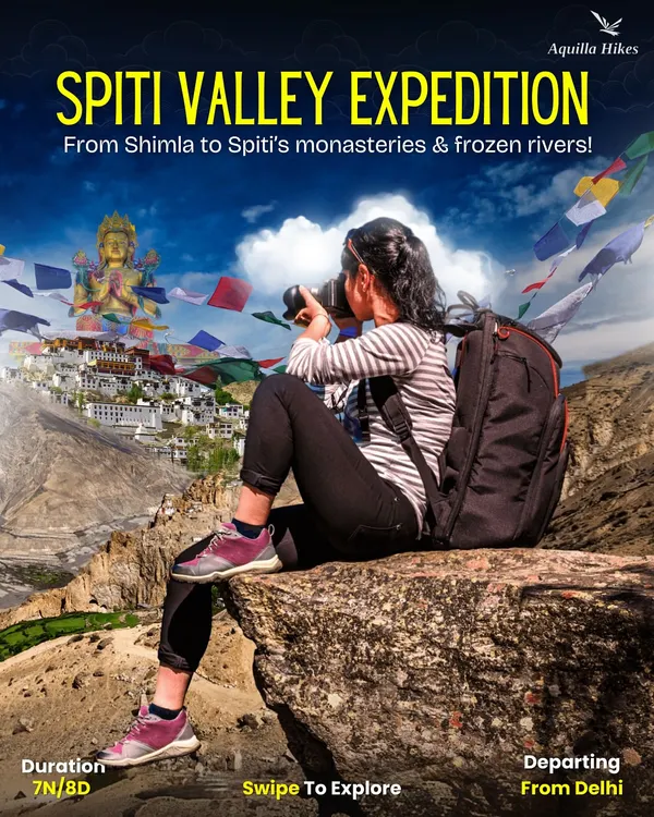 Our Spiti Valley Expedition is an 8-day journey from Shimla through frozen rivers and ancient monasteries. This poster captures the spirit of adventure with a traveler photographing the stunning landscape.