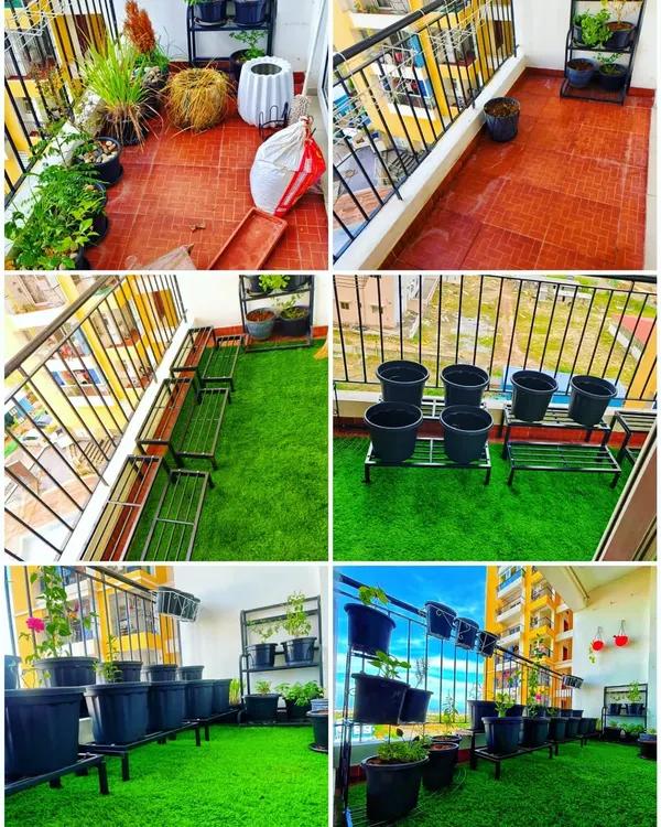 Our specialty is turning empty, unused balconies into lush green retreats. This collage shows our entire process, from laying down high-quality artificial grass and setting up tiered planters to filling them with healthy, vibrant plants. We handle every detail to create your perfect urban garden.