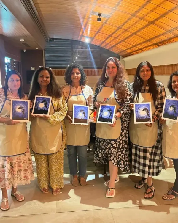 This is what pure joy looks like. I hosted a lovely monsoon-themed art party for this creative girl gang. We can organize a similar personalized paint party for your friends at a cozy cafe, your home, or my studio.