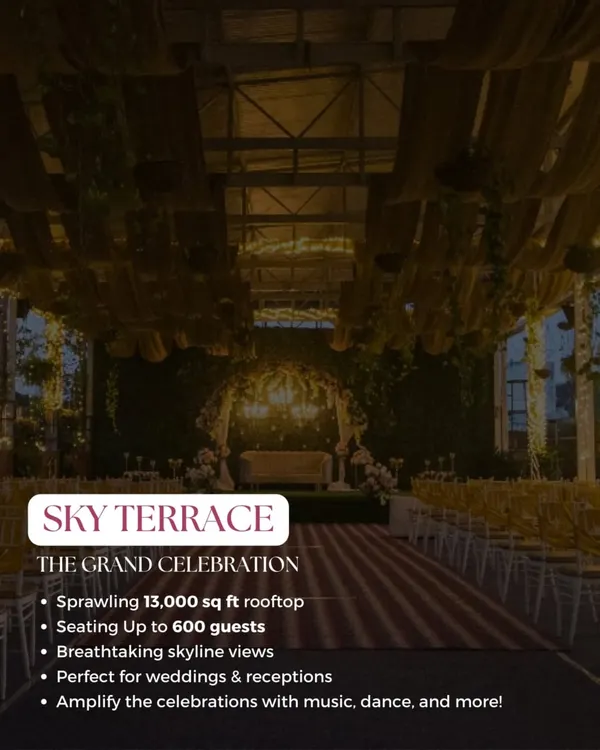 An overview of the Sky Terrace, highlighting its key features including the 13,000 sq ft space and capacity for 600 guests, perfect for large-scale weddings and receptions.