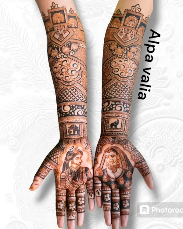 I specialize in creating personalized bridal mehendi that tells your unique love story. This design features detailed portraits of the bride and groom, framed by traditional elephant motifs and intricate patterns extending up the arm.