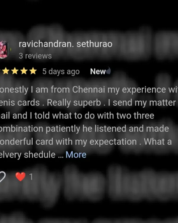 I am happy to work with clients from all over the country. This review from a client in Chennai highlights my patient and collaborative process, ensuring the final card perfectly matched their expectations, no matter the distance.