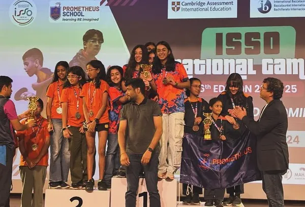 A proud moment on the winner's podium at the ISSO National Games. Our student Naina Rekhi stands tall with her teammates, celebrating a well deserved first place victory after intense competition.