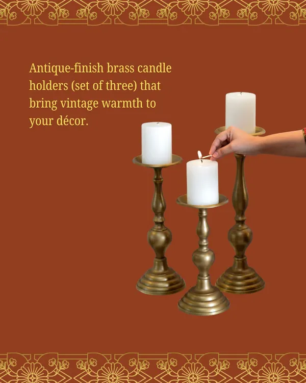 This set of three antique-finish brass candle holders brings a sense of vintage warmth and timeless elegance to any decor.