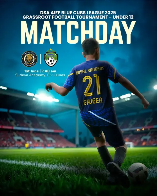 Matchday is here. A promotional graphic for our U-12 team's game in the DSA AIFF Blue Cubs League. We ensure our young players get to experience the excitement of a real matchday.