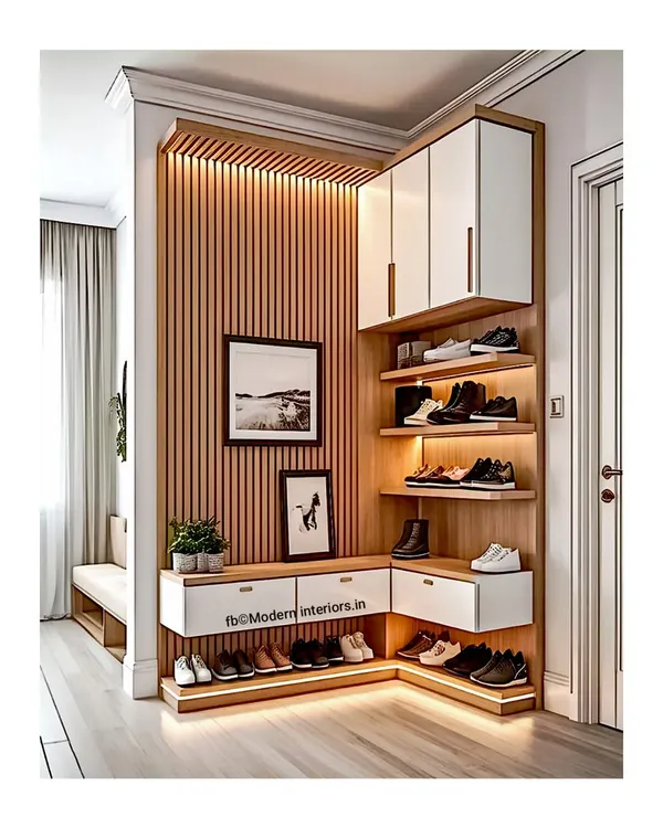 This corner shoe storage unit is a perfect example of smart design. The L-shaped bench fits neatly into the entryway, and the integrated LED lighting under the shelves and bench creates a warm, welcoming glow while highlighting your shoe collection.