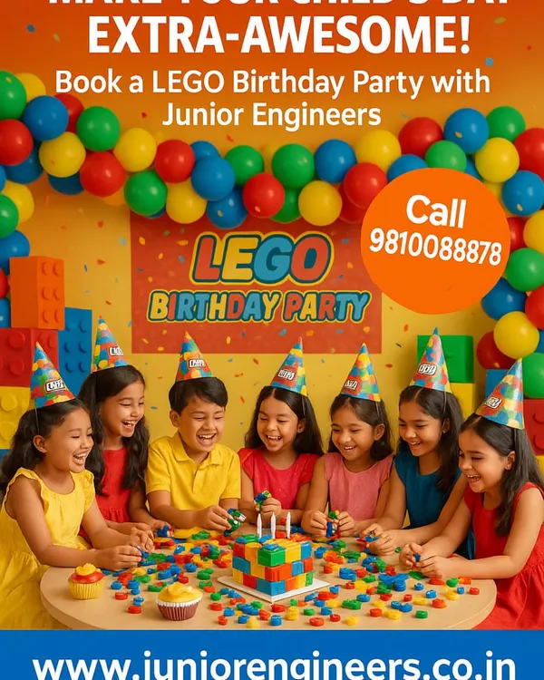 We make birthday parties unforgettable with our fully-hosted LEGO-themed celebrations. This image captures the joy and excitement as a group of children gathers around a LEGO brick cake, ready for creative building challenges and fun.