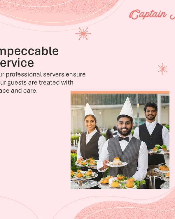Impeccable service is our promise. Our professional servers, seen here in uniform, ensure every guest is treated with grace and care, making your event run smoothly and professionally.