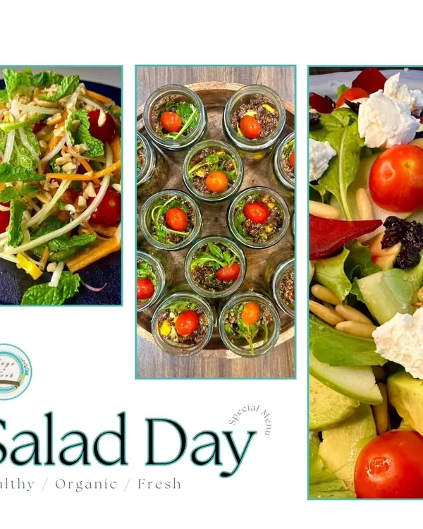 A collage showcasing our "Salad Day" special menu. It features our Som Tom Salad, Red Quinoa Salad in jars, and Beetroot Salad, highlighting our fresh, organic, and healthy options.