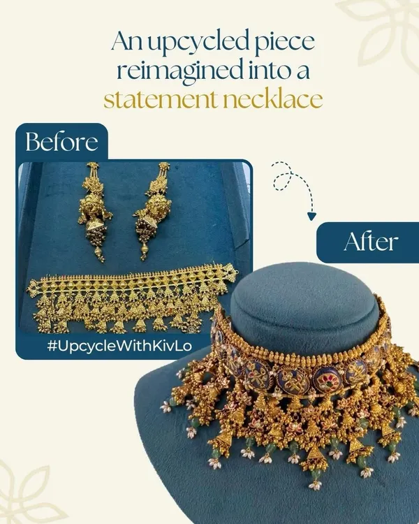 This is the magic of upcycling. We took a client's existing pieces and reworked them into a breathtaking statement choker, preserving the gold and memories while creating a completely new, grand look.