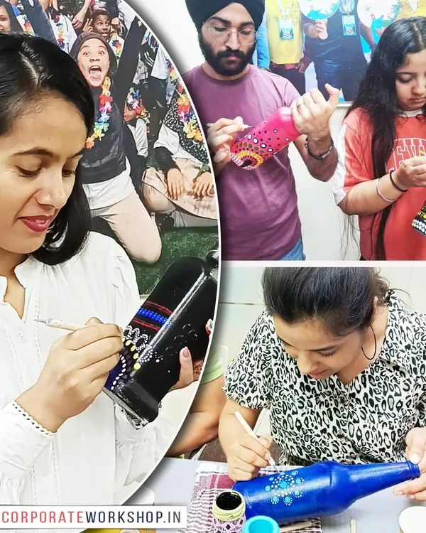 Participants fully engaged in a Dot Mandala bottle painting session. Our workshops are designed to be meditative and relaxing, allowing team members to unwind while creating something beautiful.