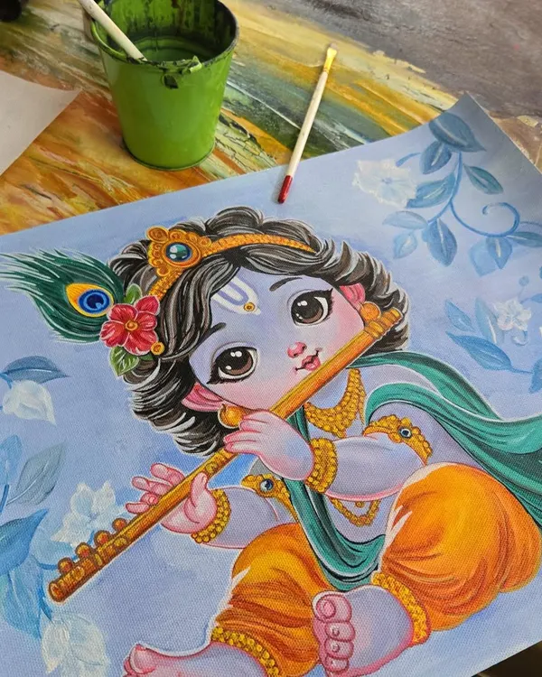 This beautiful acrylic painting of Little Krishna is a wonderful example of the skill and detail our students learn to master. Our classes guide you through every step, from initial sketch to final, vibrant masterpiece.