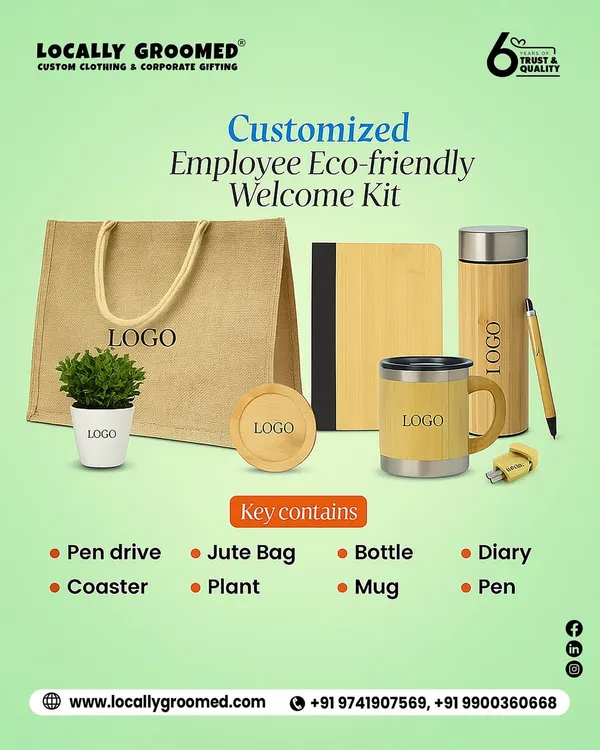 Welcome your team with a gift that’s good for the planet. This eco-friendly welcome kit includes a jute bag, a bamboo diary and pen, a bamboo mug and coaster, a copper bottle, a pen drive, and a small plant.