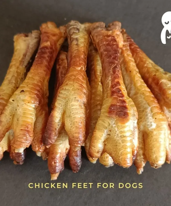 A close-up of our baked chicken feet, a fantastic dental chew for your dog. The natural texture helps scrape away plaque and tartar, and because we bake them, they are a safe and chewy alternative to brittle bones.