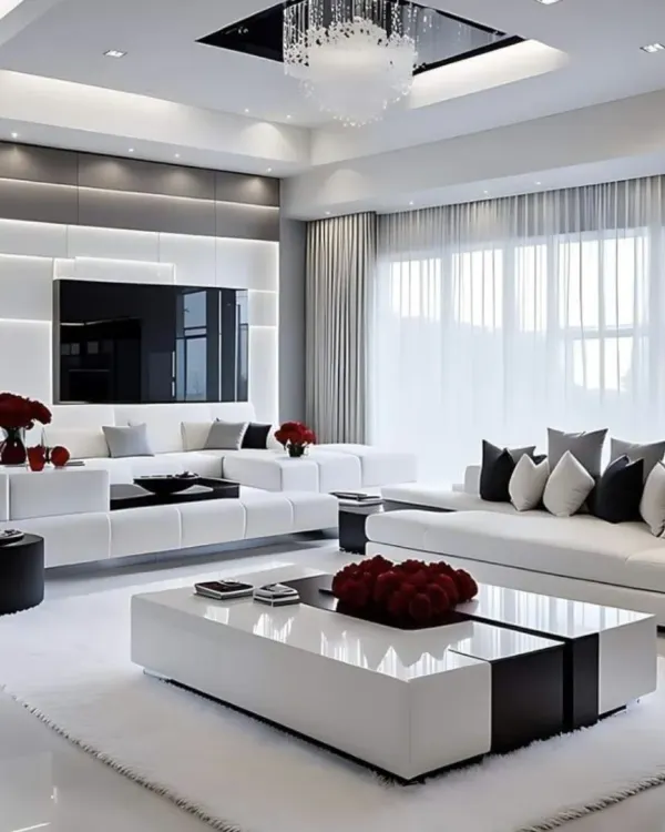 We designed this expansive living room to be a statement in modern luxury. The monochromatic palette is built around a custom white sectional sofa and glossy black coffee tables, creating a high-contrast, dramatic effect. A recessed ceiling with a crystal chandelier and integrated backlighting on the feature wall adds layers of ambient light, making the space feel both grand and inviting.