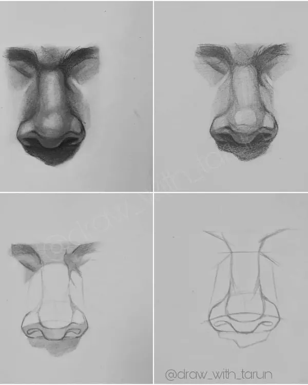 Here are the easy steps to draw a nose, broken down into four stages. We start with simple geometric shapes, refine the structure, and then add shading. This is a core lesson we cover in my beginner workshops.