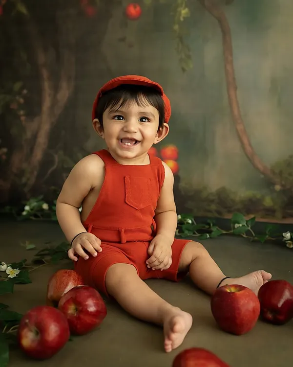 An adorable 8-month milestone session with an apple orchard theme. This little one's happy grin and bright red outfit make for a joyful and vibrant portrait.