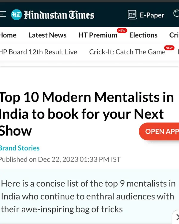 I was incredibly honored and grateful to be featured in the Hindustan Times as one of the "Top 10 Modern Mentalists in India to book for your Next Show." This recognition from such a respected publication means a great deal.