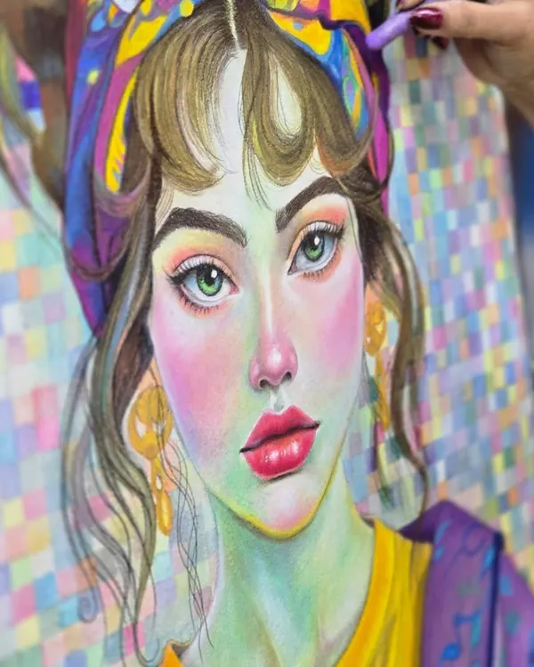 A stunningly vibrant portrait created with oil pastels, showcasing the rich color and blending techniques taught in our program.