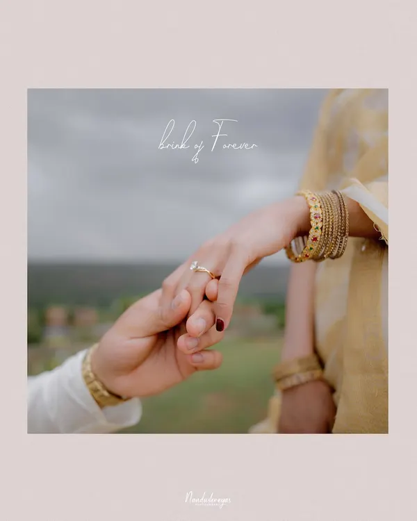 A close-up on the couple's hands as he places a ring on her finger, with the words "bond of forever" overlaid. This is a symbolic and beautiful detail shot.
