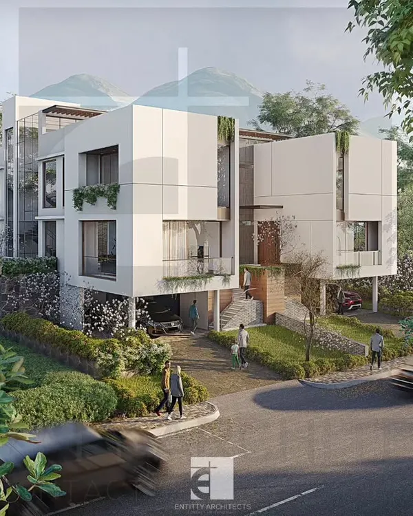 This is our proposed design for a scheme of six modern holiday homes in Kune Village, Lonavala. The architecture focuses on integrating with the natural landscape, featuring stilt construction, large windows, and green spaces to create a tranquil retreat.