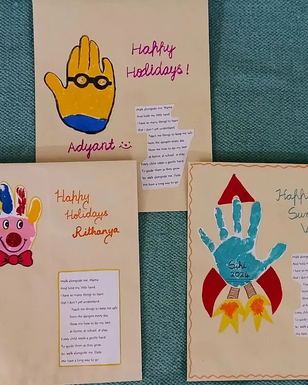 These "Happy Holidays" cards are a perfect example of our takeaway art. Using their own handprints, children create personalized greetings for their families, making the art both meaningful and memorable.