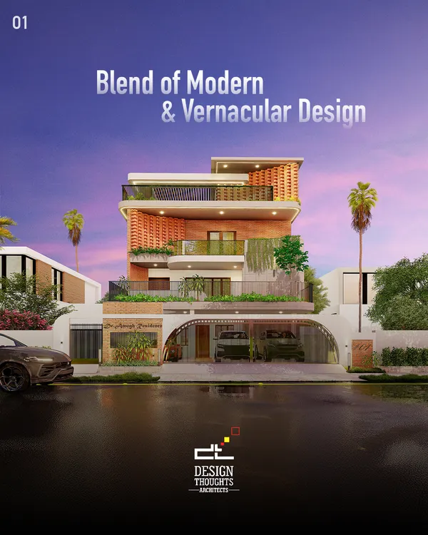 This fusion villa in Jayanagar combines a professional clinic on the ground floor with a luxurious duplex above. The design blends modern brick textures with classical curved enclosures and a G+2 bungalow layout, all aligned with Vastu principles.
