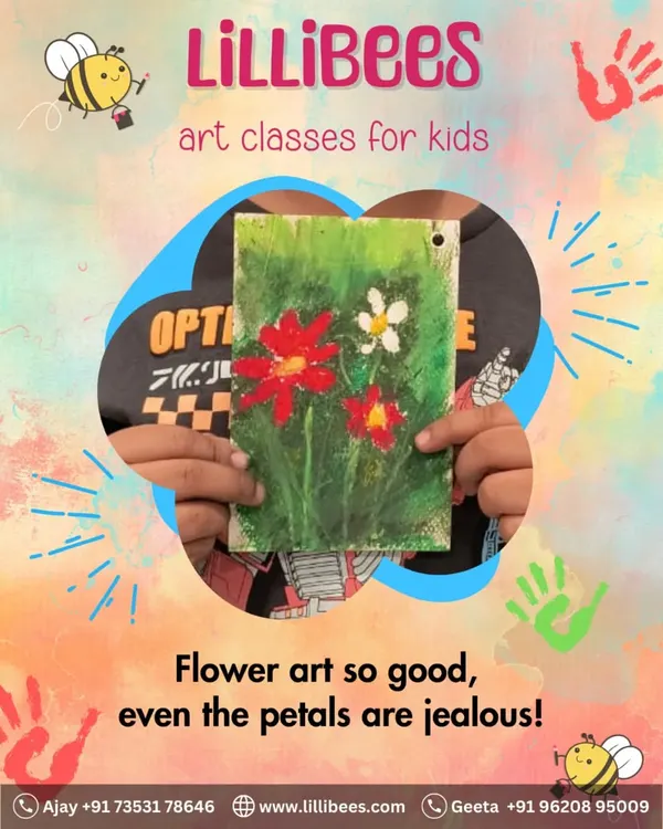 A promotional graphic for our flower art classes, featuring a student's beautiful work.