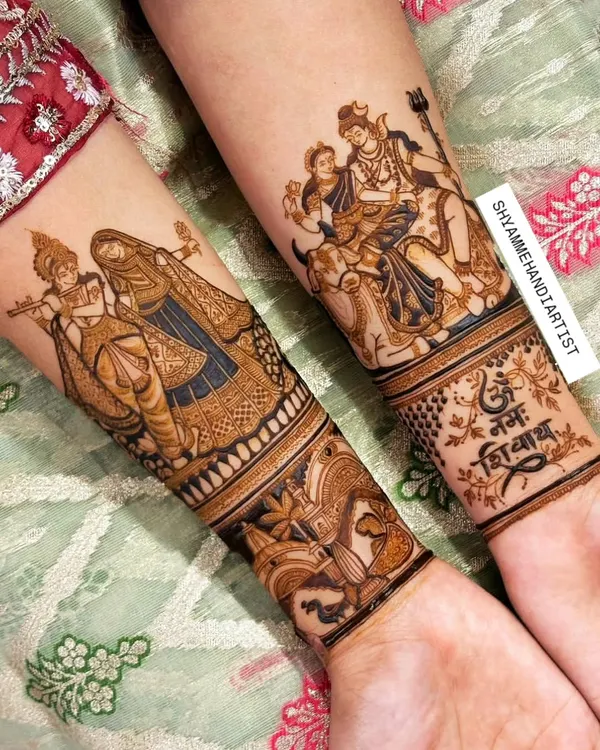 This design showcases my skill in creating divine portraits, with Radha-Krishna on one arm and Shiva-Parvati on the other, perfect for a spiritual and artistic touch.