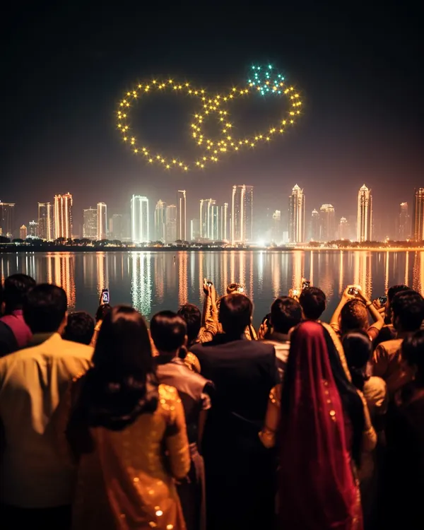Symbolize your union with a pair of interlocking wedding rings shimmering above your guests. This display over the water adds a beautiful reflection, doubling the magic of the moment against the city skyline.