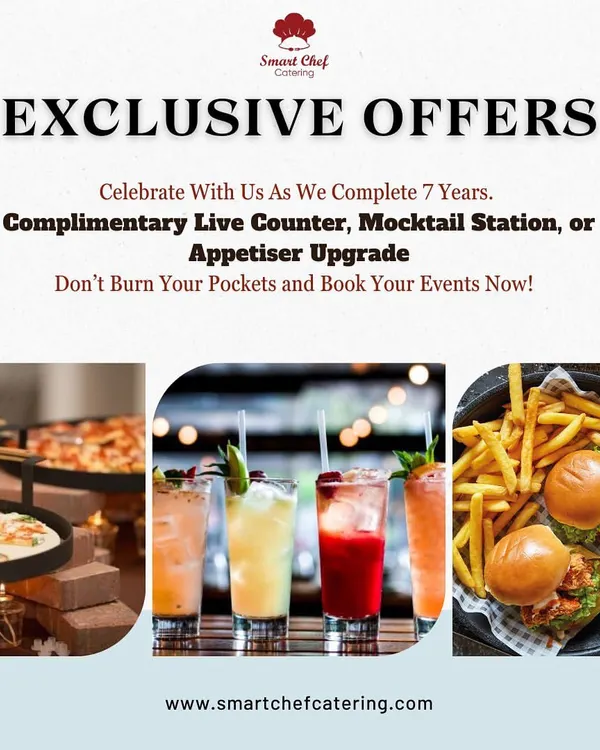 Celebrating 7 years of delicious moments! To thank you, we're offering a complimentary live counter, mocktail station, or appetizer upgrade. Book your events now and celebrate with us!