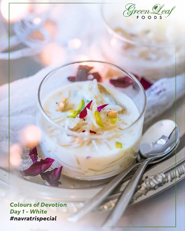 Celebrating the first day of Navratri with a pure white dessert. This creamy kheer embodies the spirit of peace and new beginnings for your festive gathering.