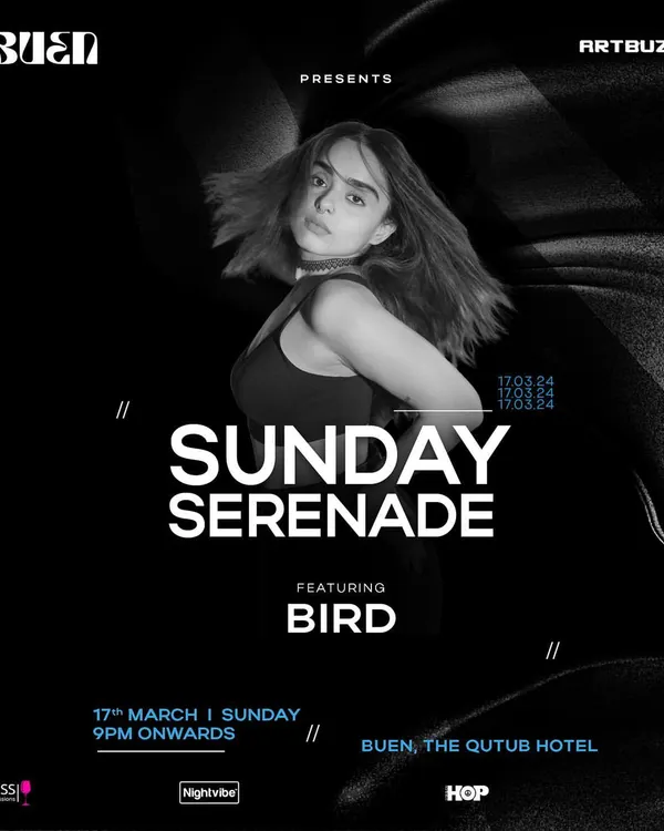 The poster for my 'Sunday Serenade' closing set at Buen in New Delhi. The black and white, high-contrast design reflects the dark, bass-heavy grooves I played that night.