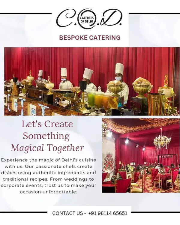 A lavish buffet setup against a rich, red-draped background. This shows our ability to match our presentation to the event's color scheme and create a truly magical atmosphere.