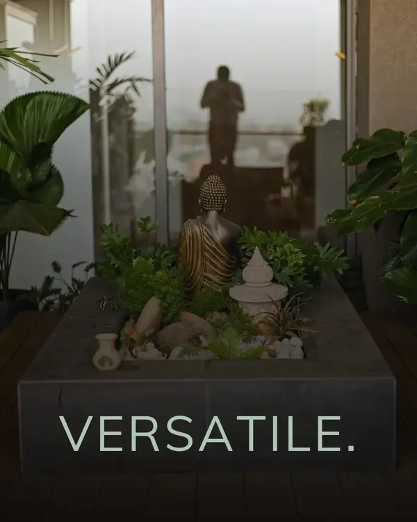 This bespoke installation on a high-rise terrace embodies my philosophy of creating tranquil sanctuaries. I designed this custom planter with a serene Buddha statue as the centerpiece, surrounded by hardy succulents and foliage that thrive in an urban environment, crafting a perfect space for quiet reflection.