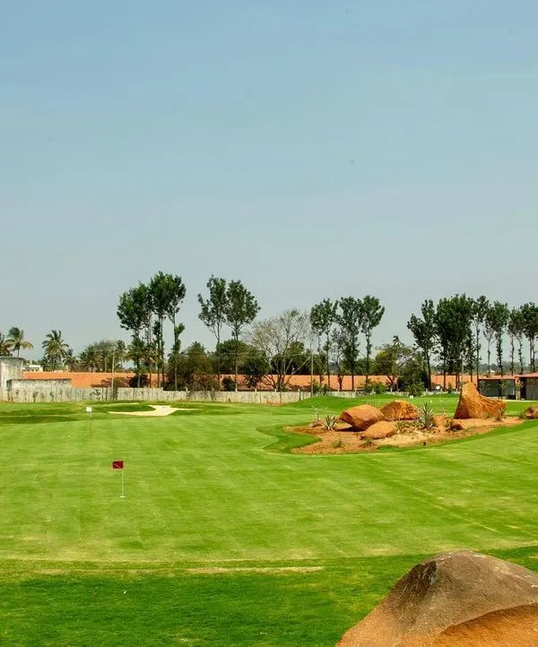 Welcome to our expansive golf practice facility. This view captures our meticulously maintained short game area, designed to feel like a real course and help you perfect your scoring shots.