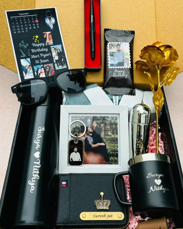 This is what I mean by a truly personal gift. This all-in-one hamper includes a wallet, water bottle, mug, and keychain, all engraved with the recipient's name. I also added a custom photo frame and a personalized calendar card to make this birthday gift unforgettable.