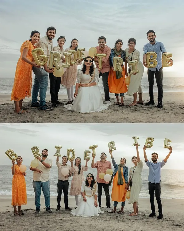 A fun-filled bridal shower on the beach, with the "Bride Tribe" celebrating with balloons and big smiles.
