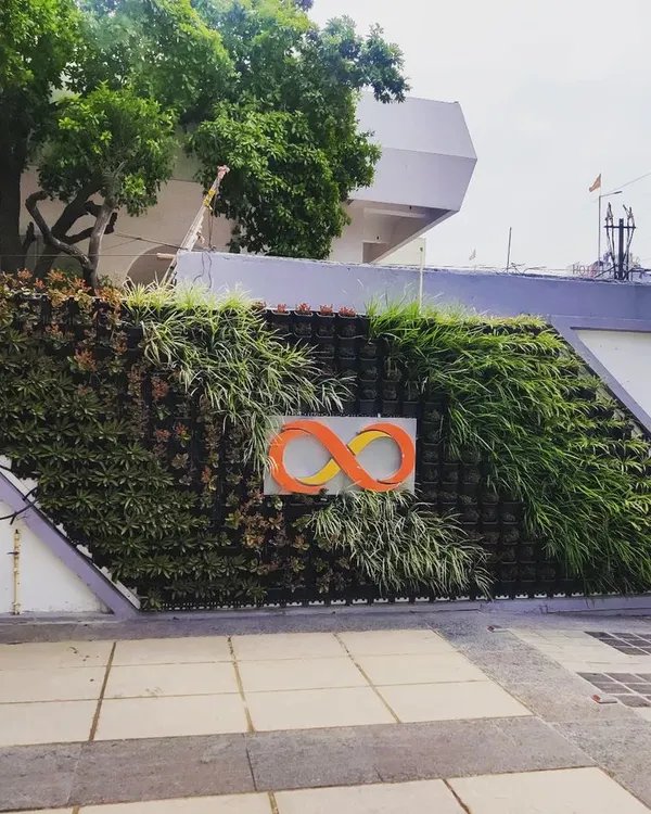 The completed vertical garden for Pantaloons in Patna. The brand's infinity logo is clearly visible, created using contrasting plants for a high-impact branding statement.